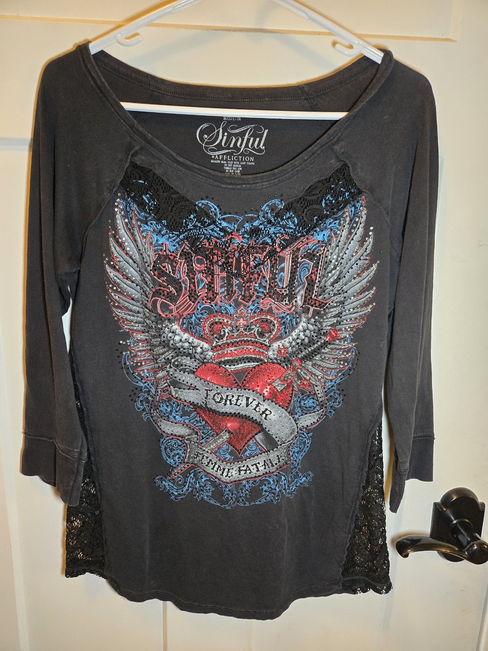 Affliction Women's Black Graphic Long Sleeve Top - Red Heart Detail